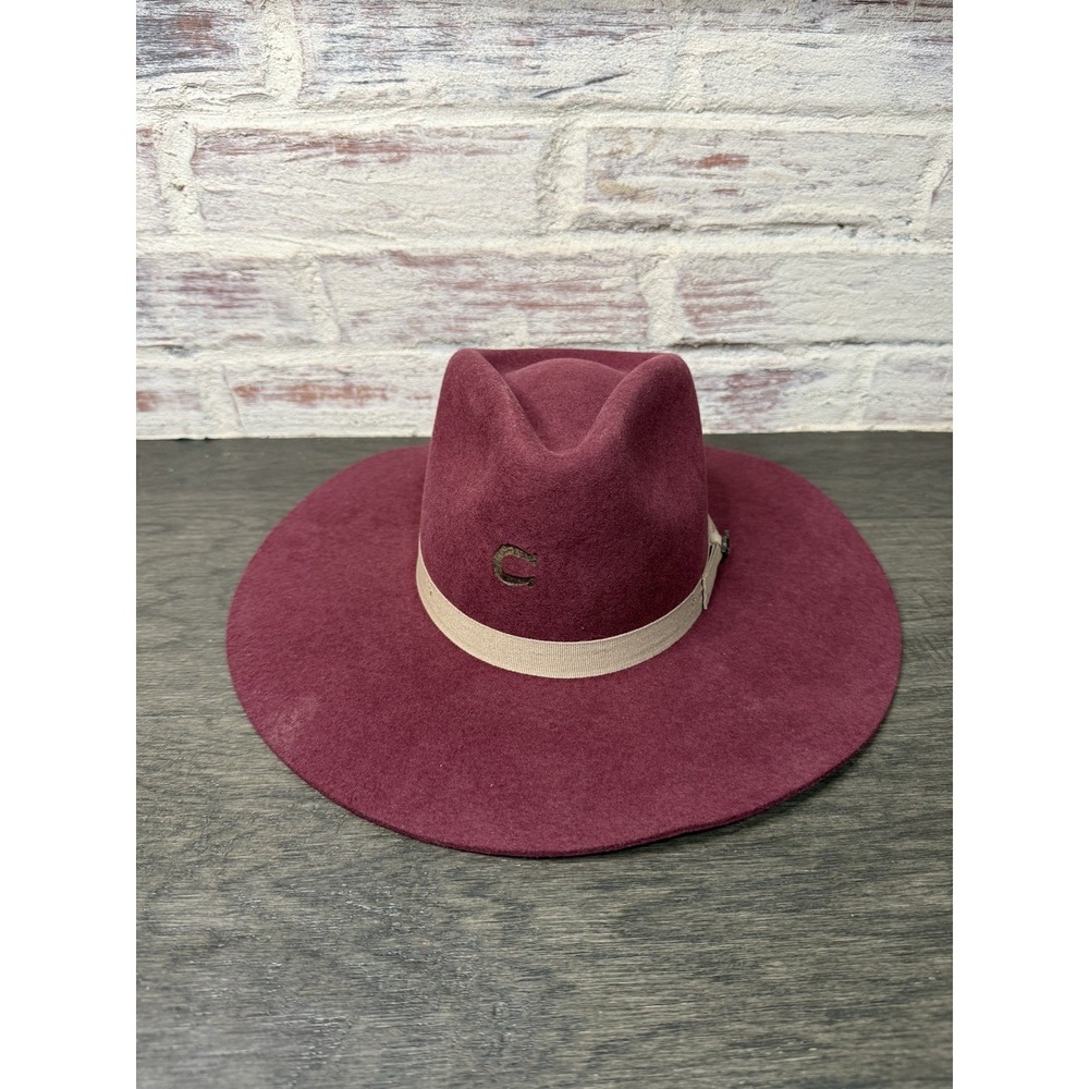 Charlie 1 Horse Burgundy Felt Wide Brim Highway Hat Beige Band Size Small